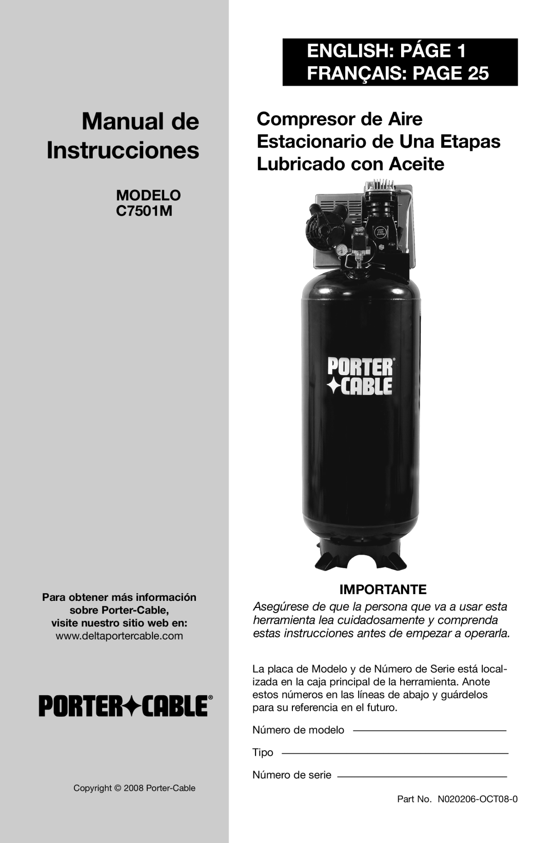 Porter-Cable N020206-NOV08-0 Manual de Instrucciones, English Páge Français Page, MODELO C7501M, Importante 