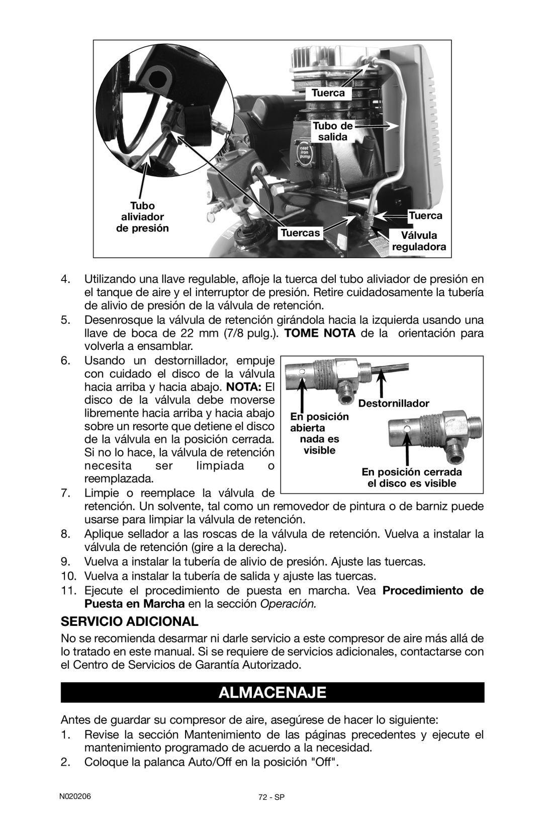 Porter-Cable N020206-NOV08-0, C7501M instruction manual Almacenaje, Servicio Adicional 