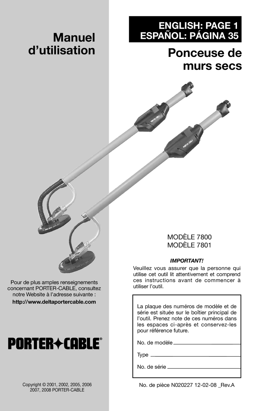 Porter-Cable N020227 instruction manual Manuel 