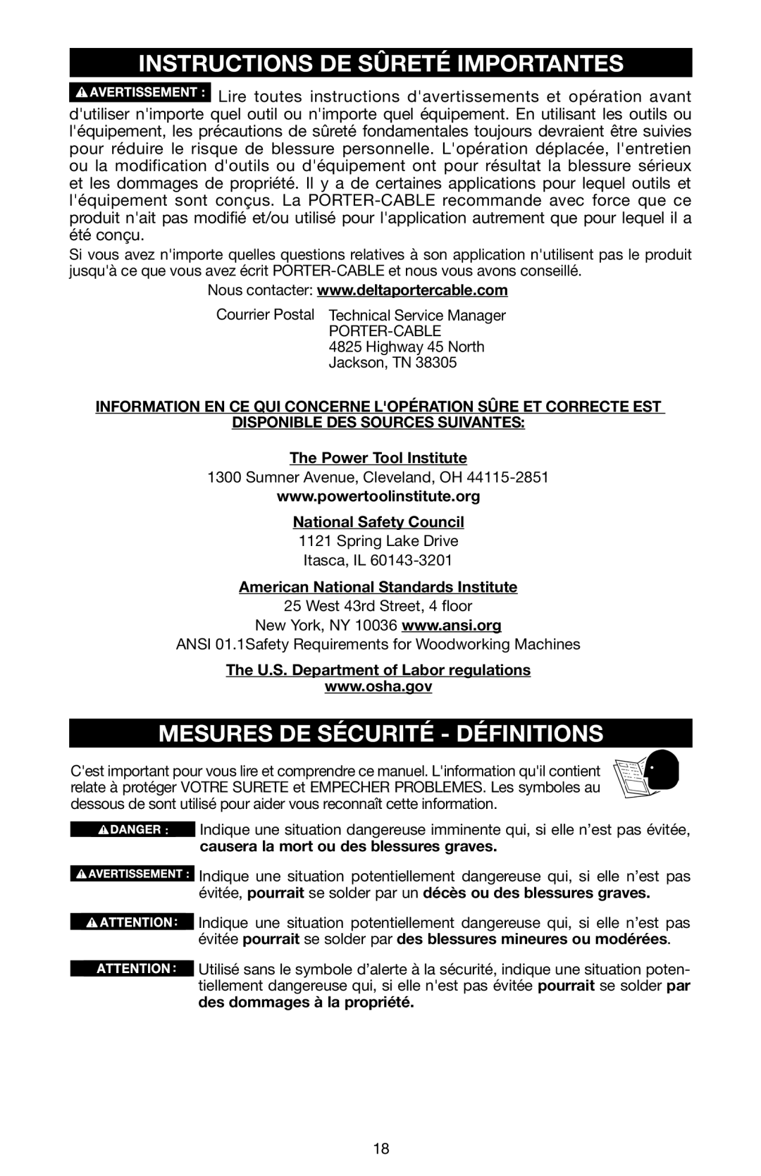 Porter-Cable N020227 instruction manual Instructions DE Sûreté Importantes, Mesures DE Sécurité Définitions 