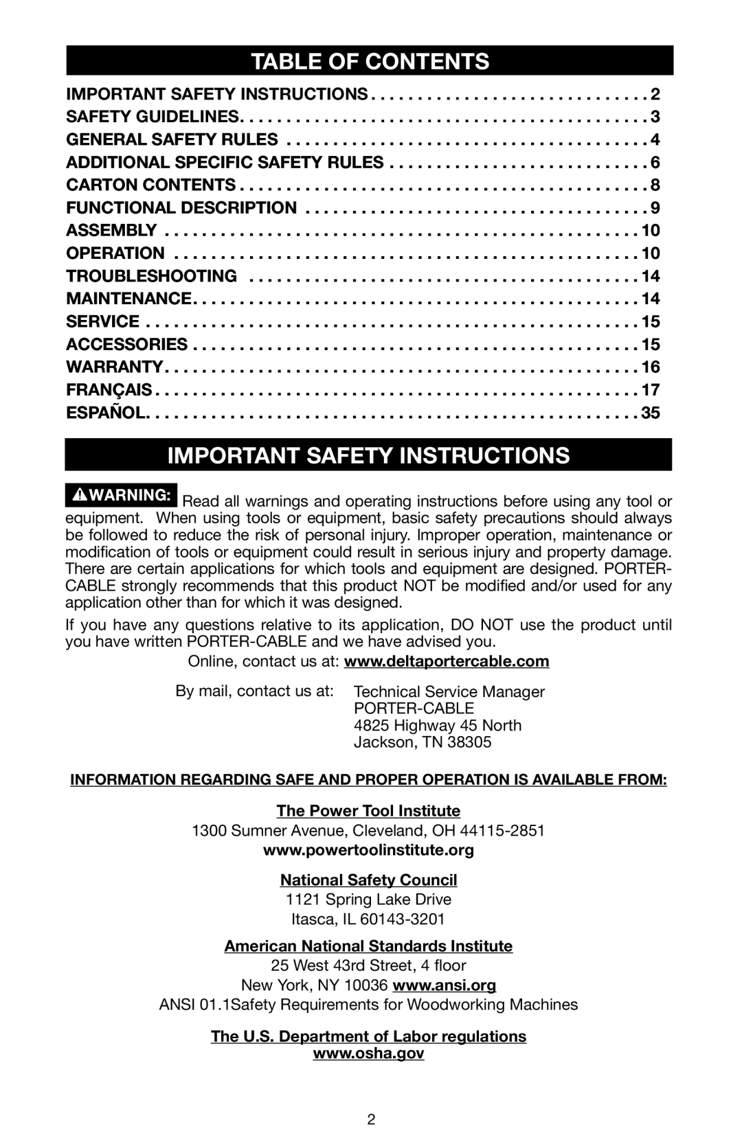 Porter-Cable N020227 instruction manual Table of Contents, Important Safety Instructions 