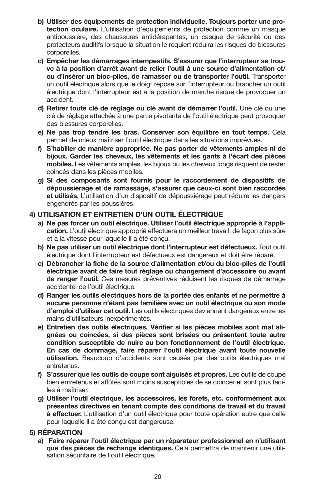 Porter-Cable N020227 instruction manual Utilisation et entretien d’un outil électrique, Réparation 