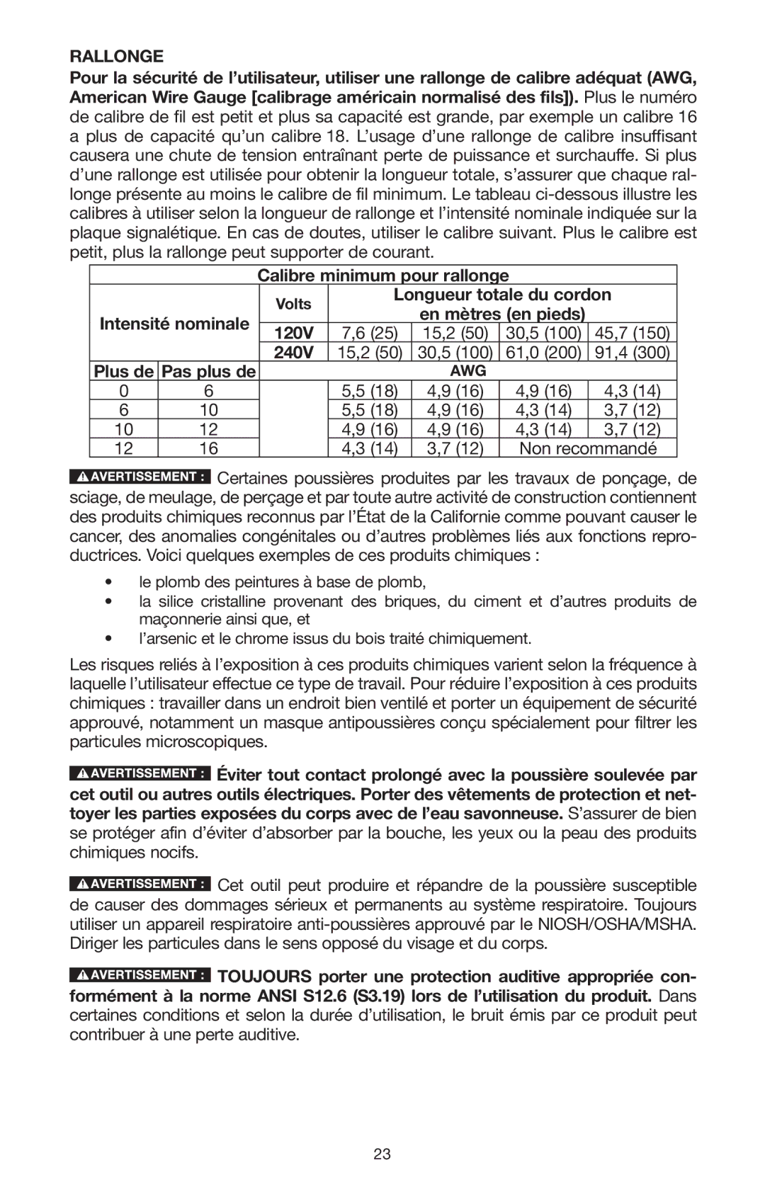 Porter-Cable N020227 Rallonge, Calibre minimum pour rallonge, Longueur totale du cordon Intensité nominale 