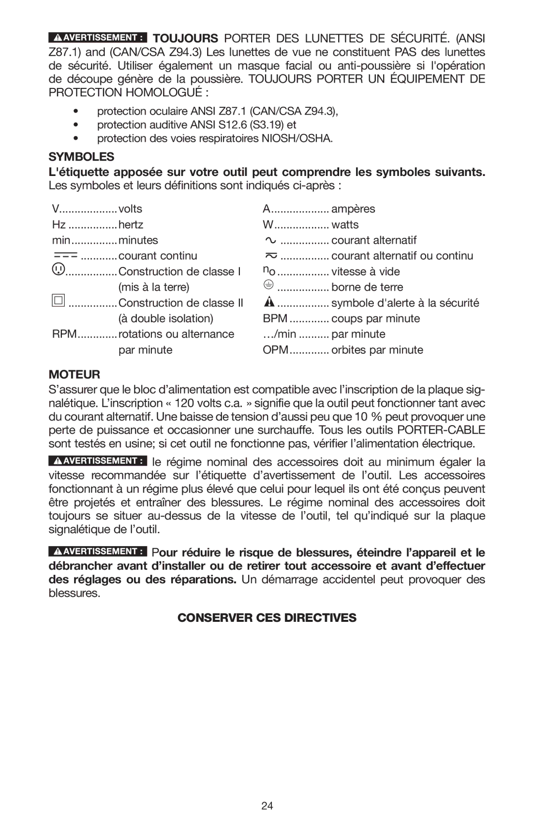 Porter-Cable N020227 Symboles, Les symboles et leurs définitions sont indiqués ci-après, Moteur, Blessures 