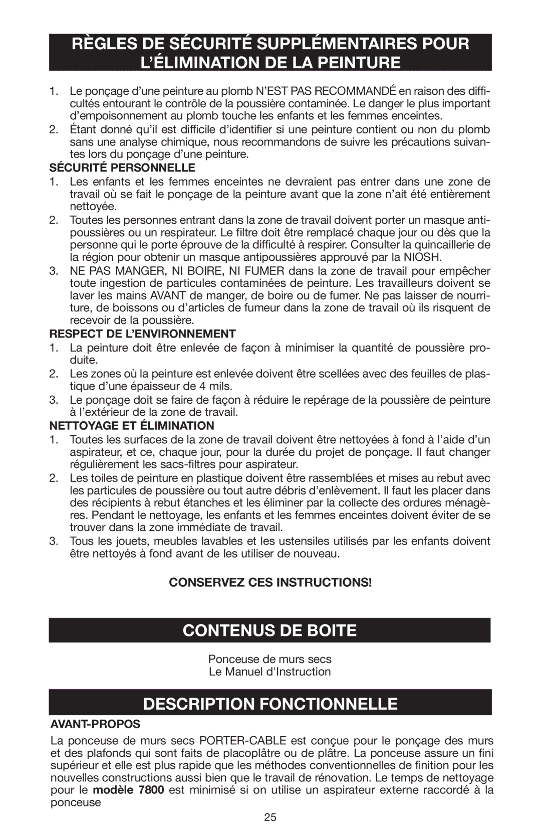 Porter-Cable N020227 instruction manual Contenus DE Boite, Description Fonctionnelle, Conservez CES Instructions 