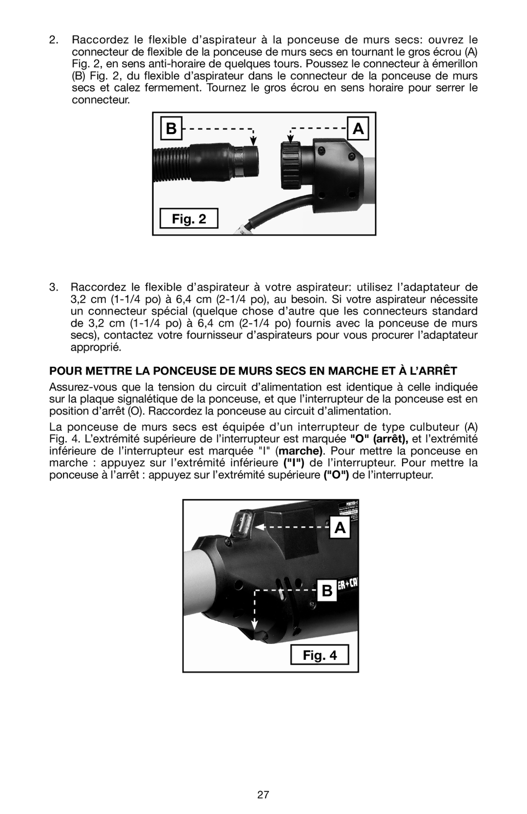 Porter-Cable N020227 instruction manual Pour Mettre LA Ponceuse DE Murs Secs EN Marche ET À L’ARRÊT 