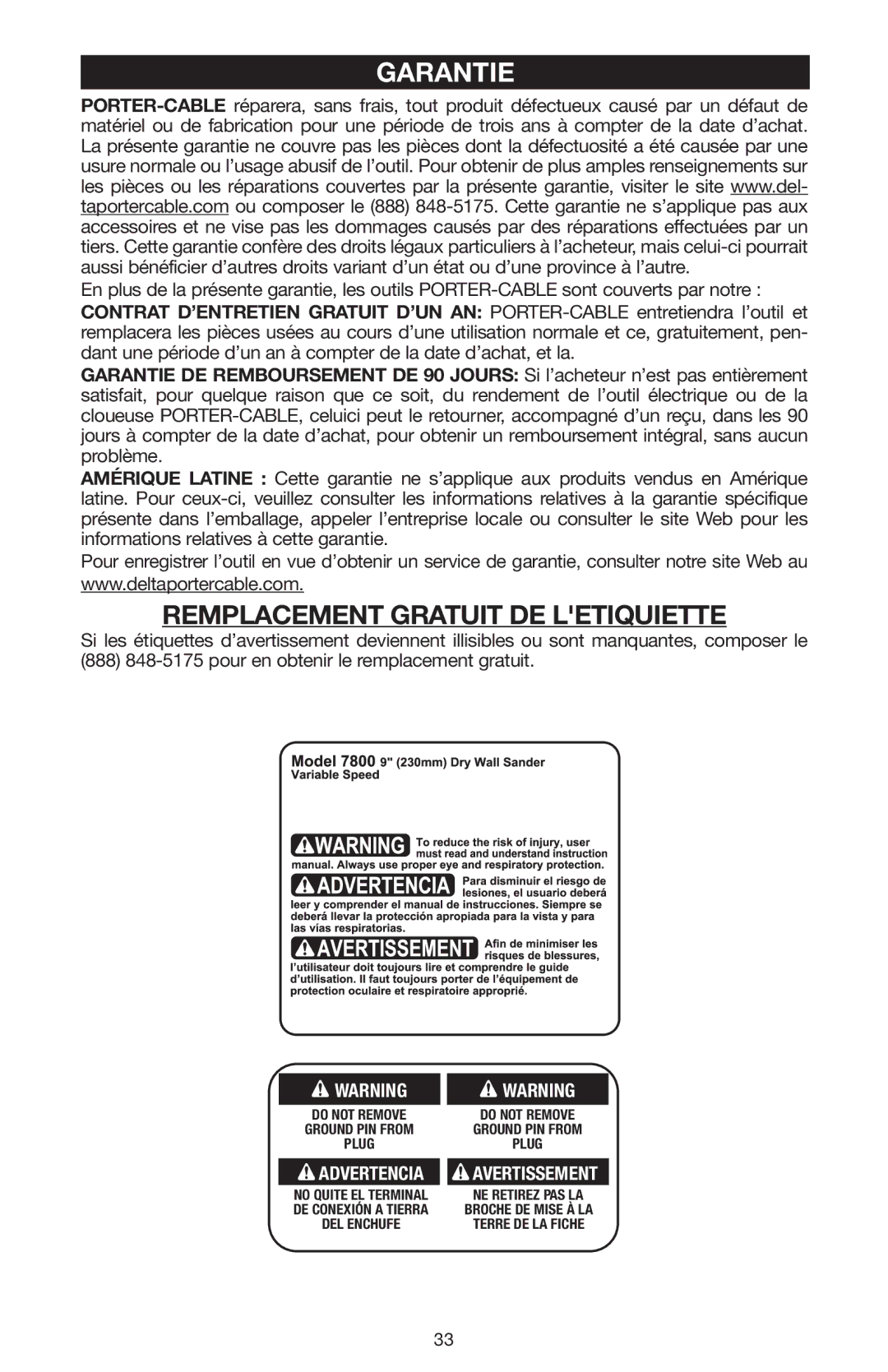 Porter-Cable N020227 instruction manual Garantie, Remplacement Gratuit DE Letiquiette 