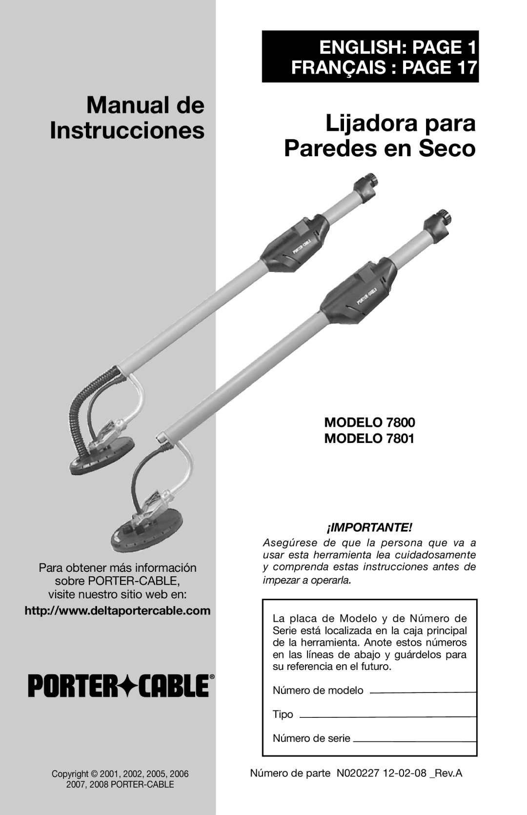 Porter-Cable N020227 instruction manual Manual de Instrucciones Lijadora para Paredes en Seco, Para obtener más información 