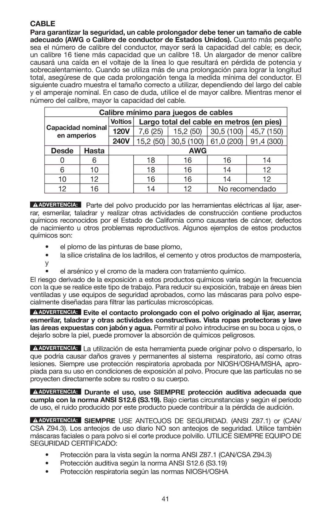 Porter-Cable N020227 Cable, Calibre mínimo para juegos de cables, Largo total del cable en metros en pies, Desde Hasta 