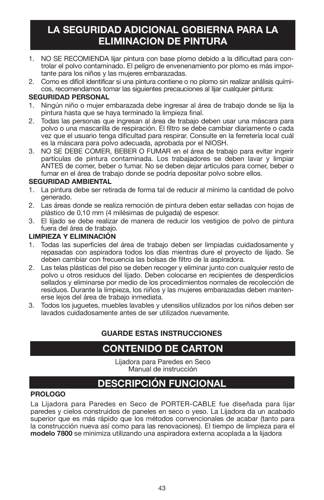 Porter-Cable N020227 instruction manual Contenido DE Carton, Descripción Funcional, Guarde Estas Instrucciones 