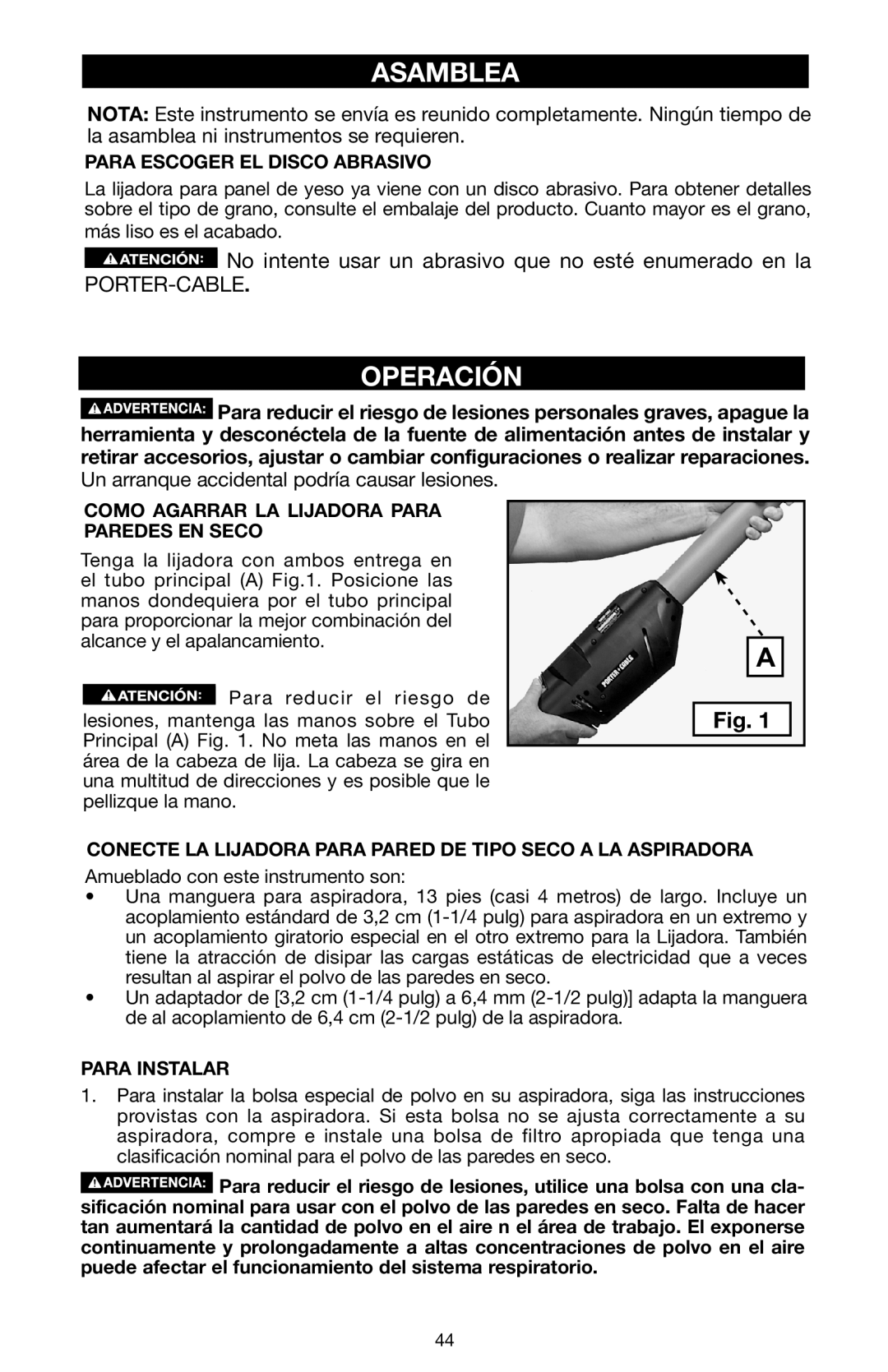 Porter-Cable N020227 instruction manual Asamblea, Operación, Un arranque accidental podría causar lesiones 