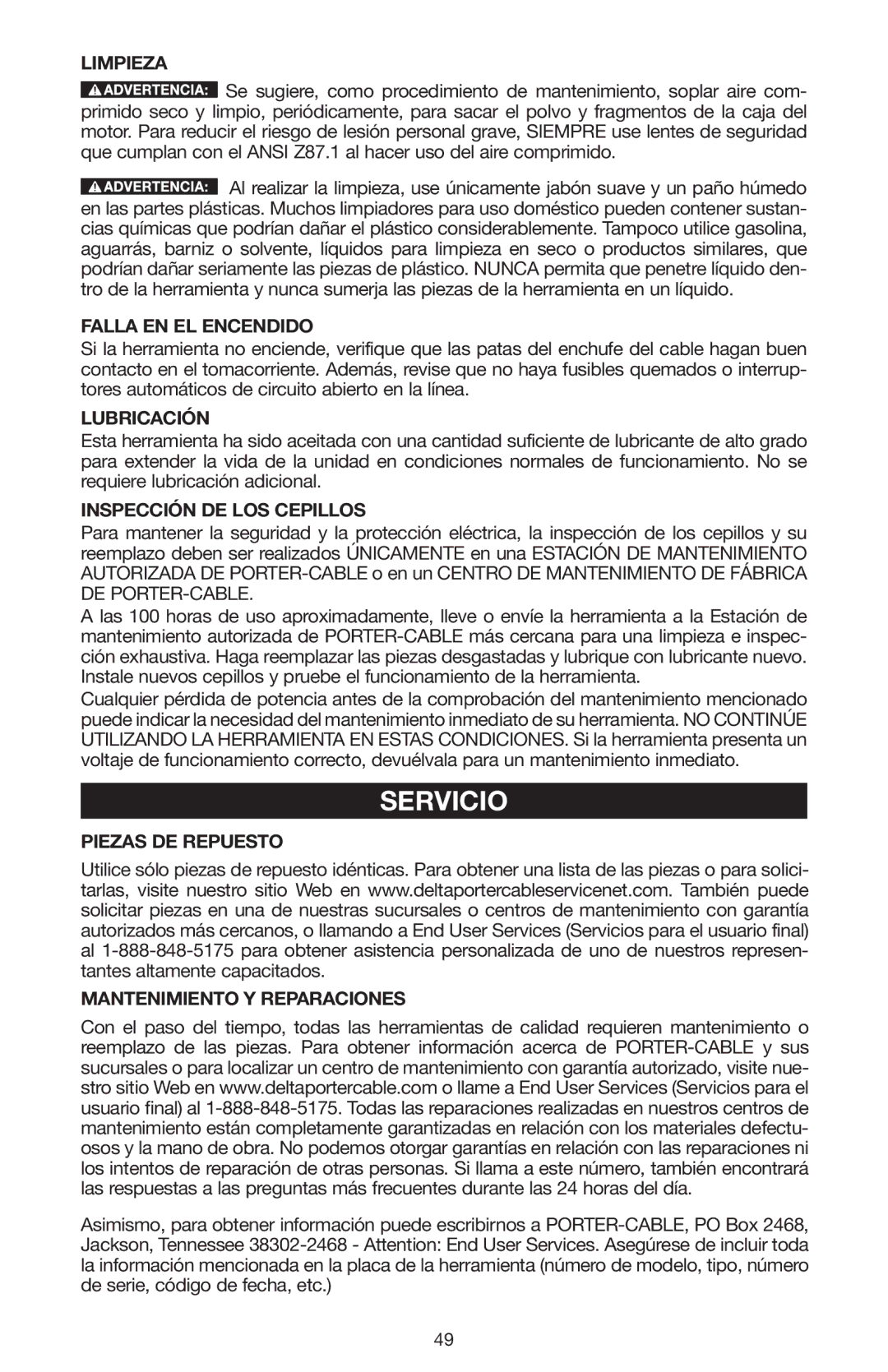 Porter-Cable N020227 instruction manual Servicio 