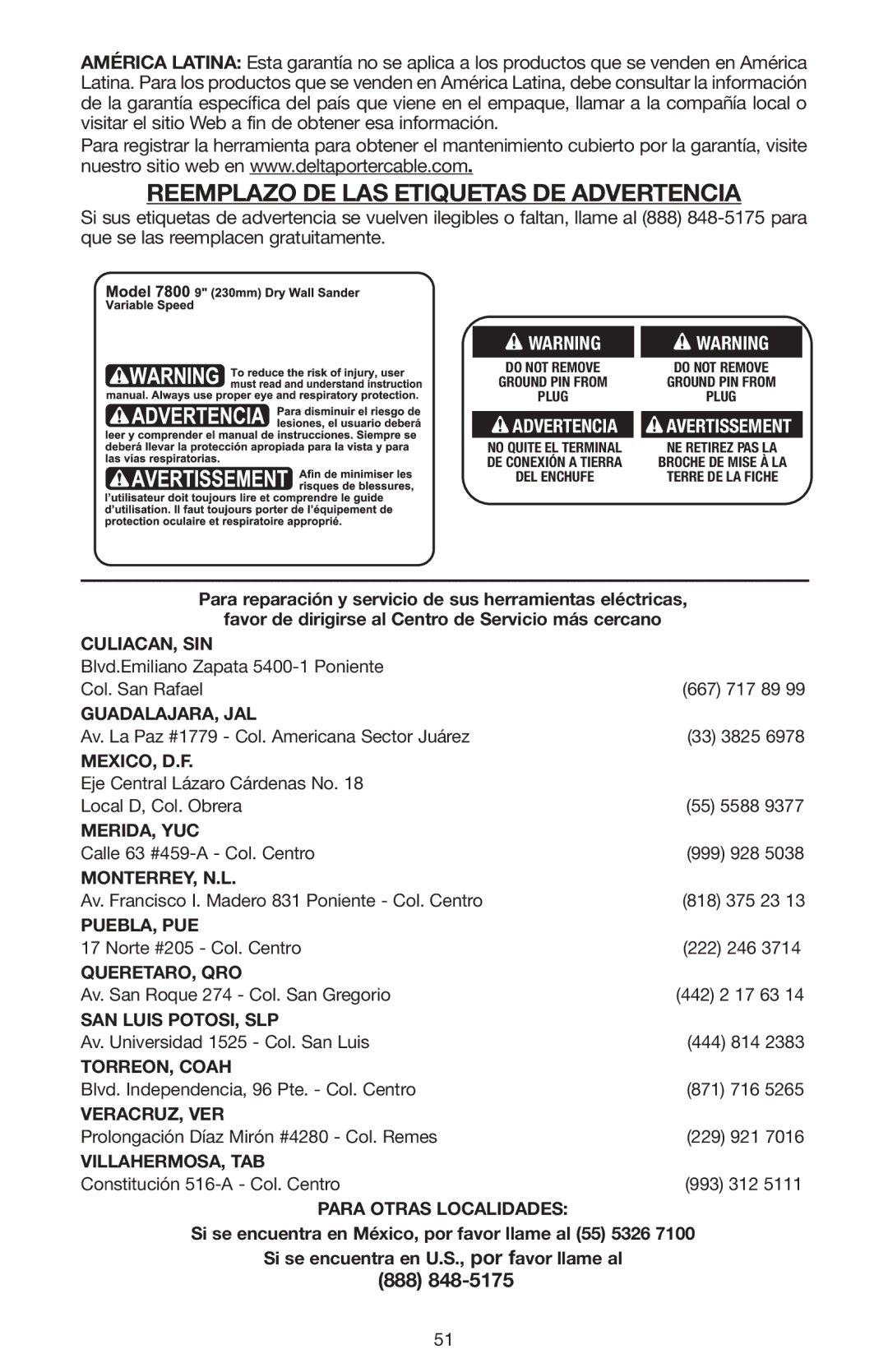 Porter-Cable N020227 Culiacan, Sin, Guadalajara, Jal, Mexico, D.F, Merida, Yuc, Monterrey, N.L, Puebla, Pue, TORREON, Coah 