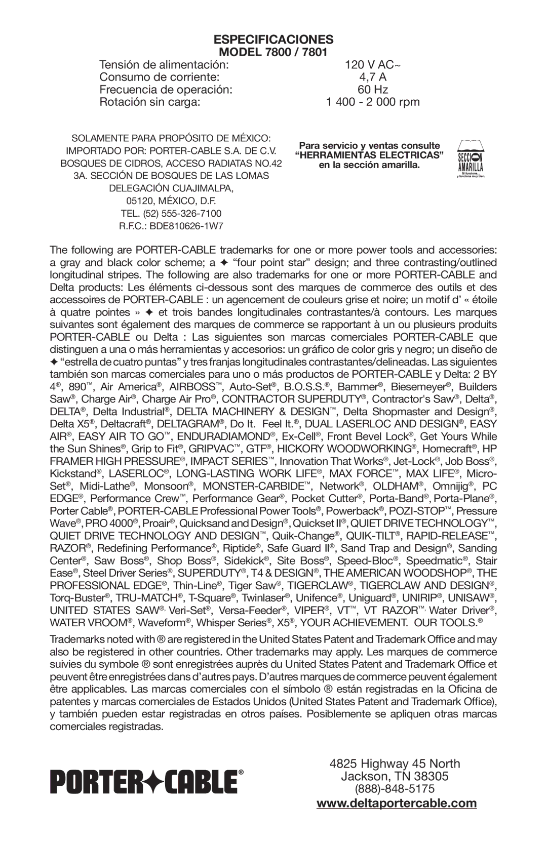 Porter-Cable N020227 instruction manual Especificaciones, Highway 45 North, Model 7800 