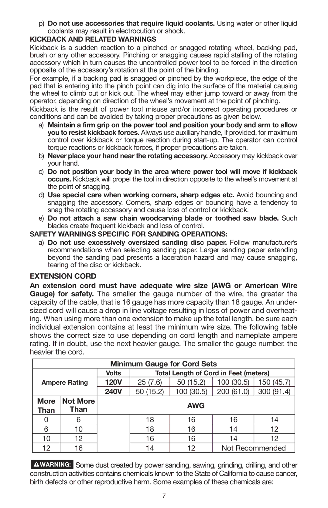 Porter-Cable N020227 instruction manual 120V, 240V, More Not More, Awg, Than 