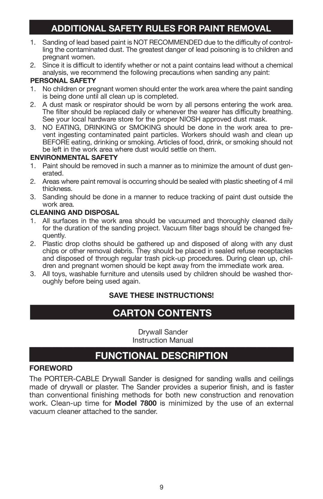 Porter-Cable N020227 instruction manual Carton Contents, Functional Description, Drywall Sander, Foreword 