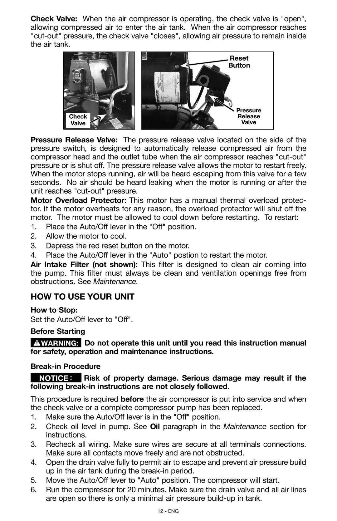 Porter-Cable N028591, C7501 instruction manual How to Use Your Unit, How to Stop 