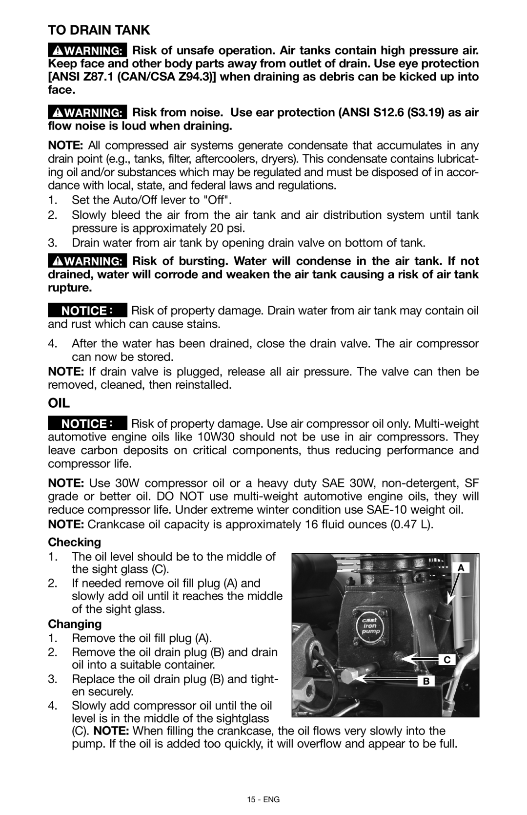 Porter-Cable C7501, N028591 instruction manual To Drain Tank, Oil, Checking, Sight glass C, Changing 