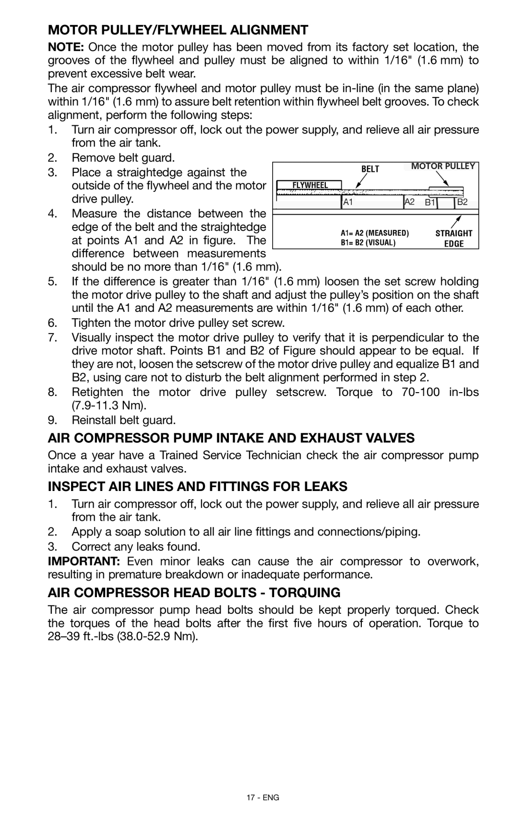 Porter-Cable C7501, N028591 Motor Pulley/Flywheel Alignment, Air Compressor Pump Intake and Exhaust Valves 