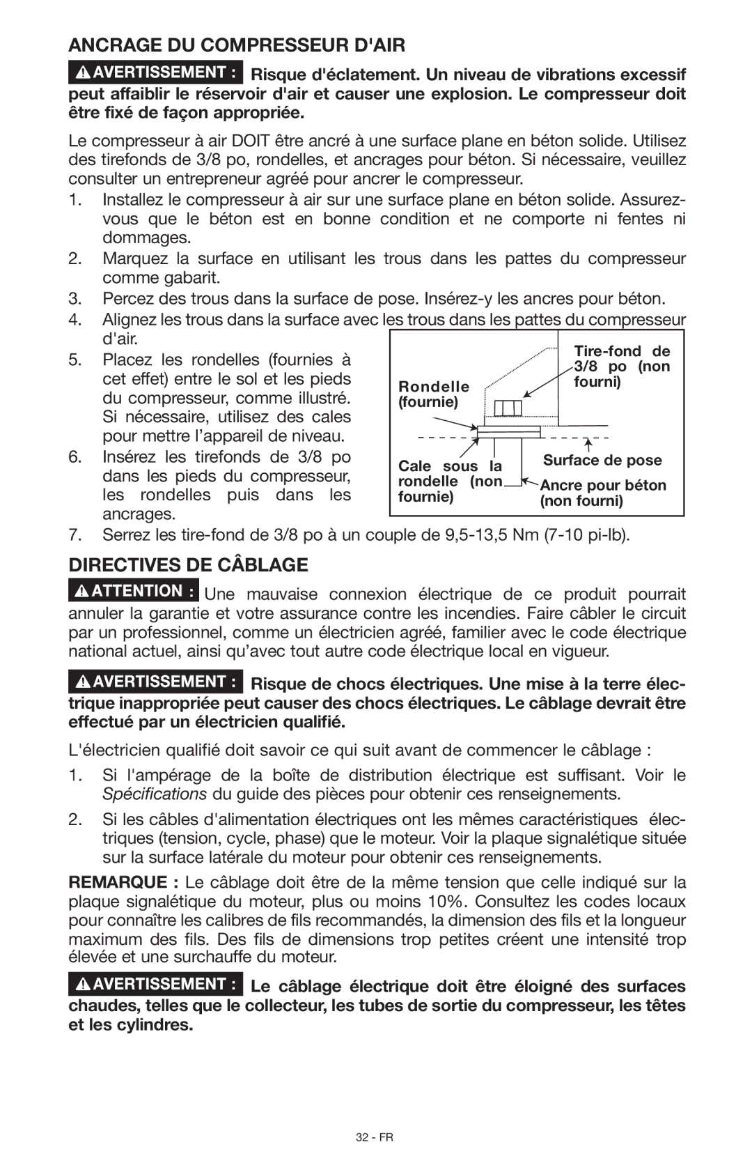 Porter-Cable N028591, C7501 instruction manual Ancrage du compresseur dair, Directives de câblage 