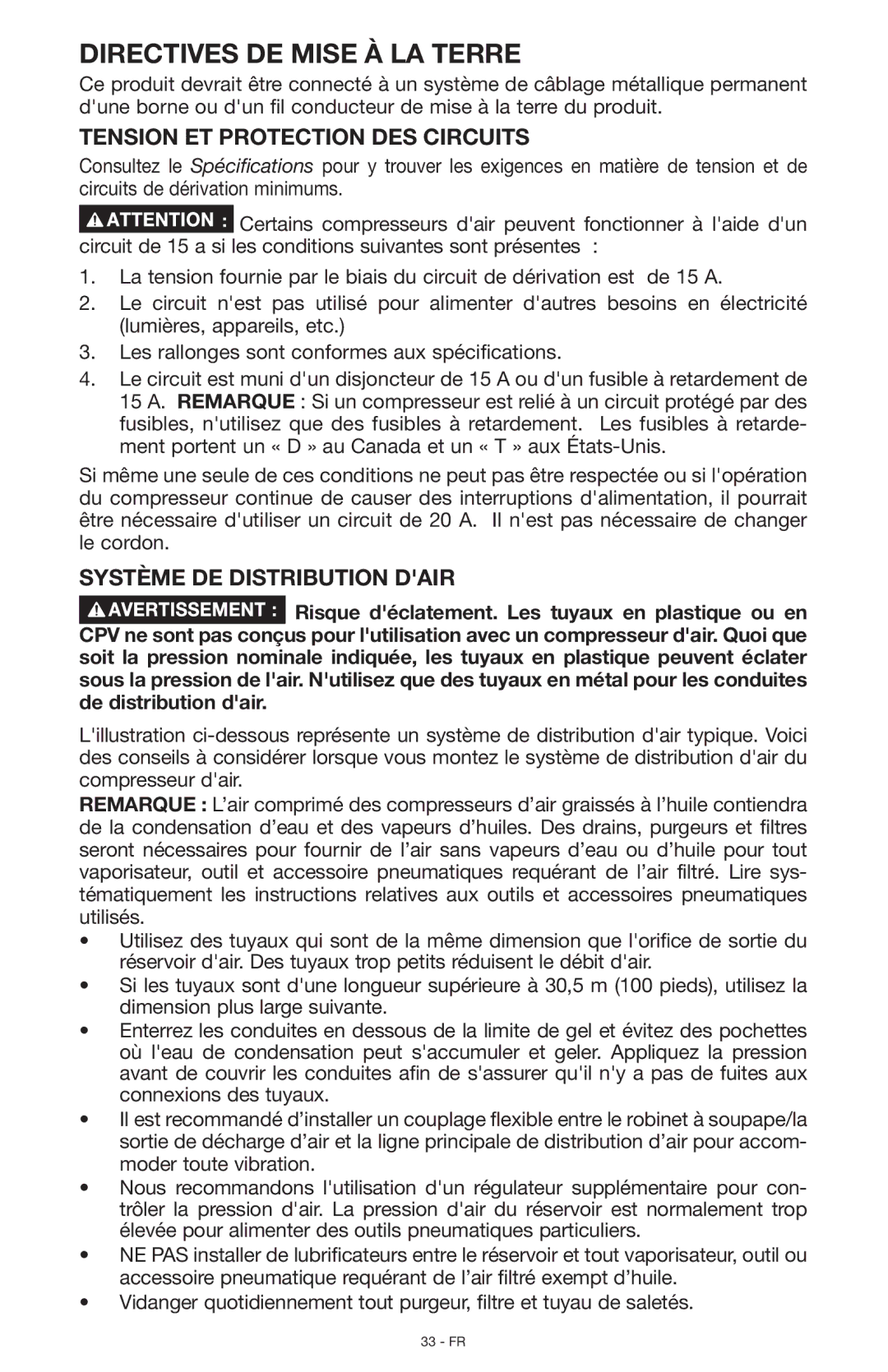 Porter-Cable C7501, N028591 instruction manual Tension et protection des circuits, Système de distribution dair 