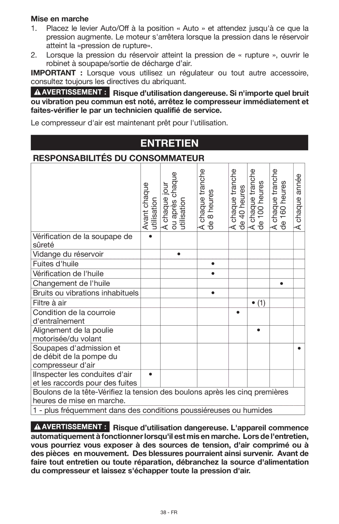 Porter-Cable N028591, C7501 instruction manual Entretien, Responsabilités du consommateur, Mise en marche 