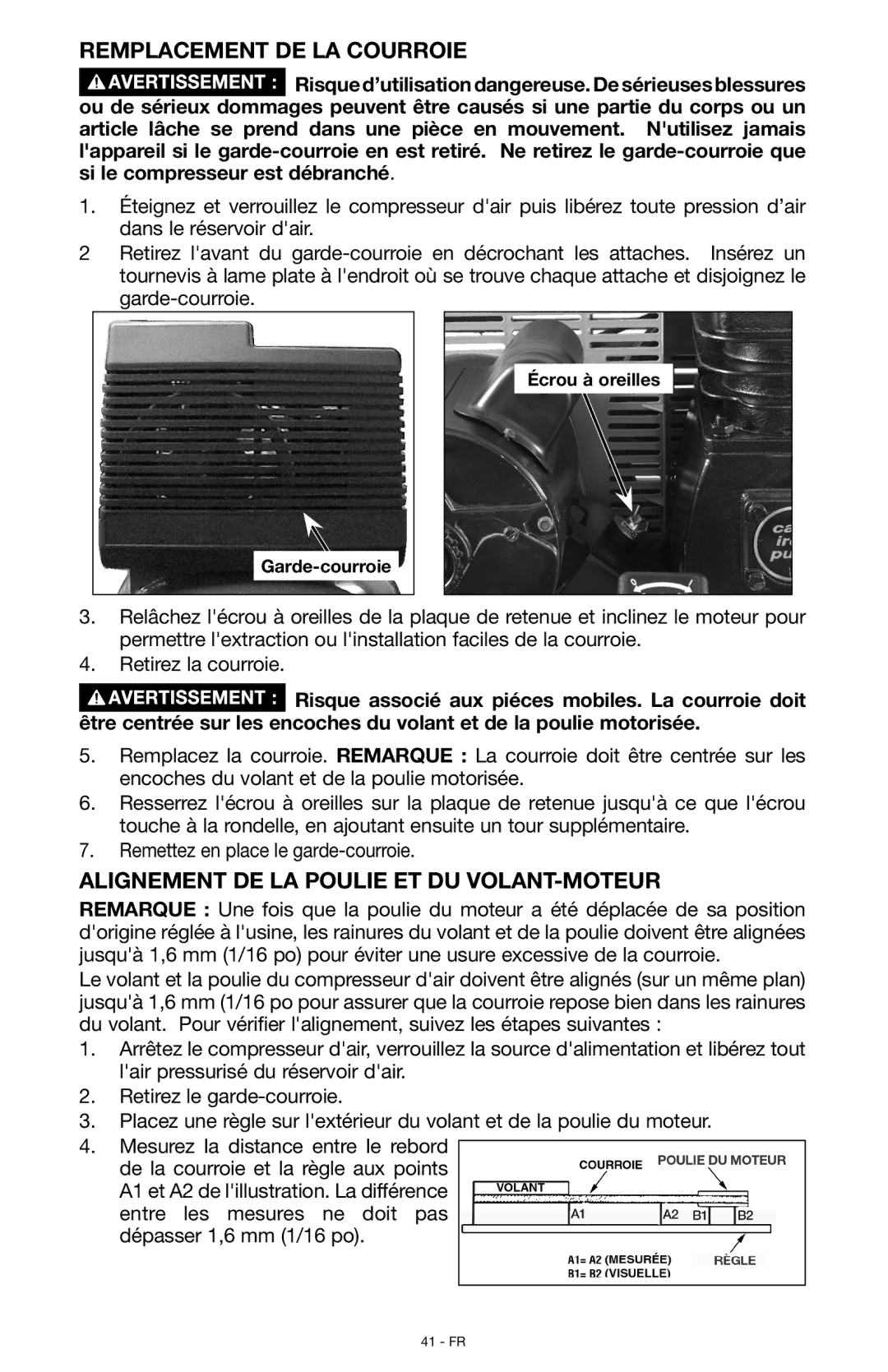 Porter-Cable C7501, N028591 instruction manual Remplacement de la courroie, Alignement de la poulie et du volant-moteur 