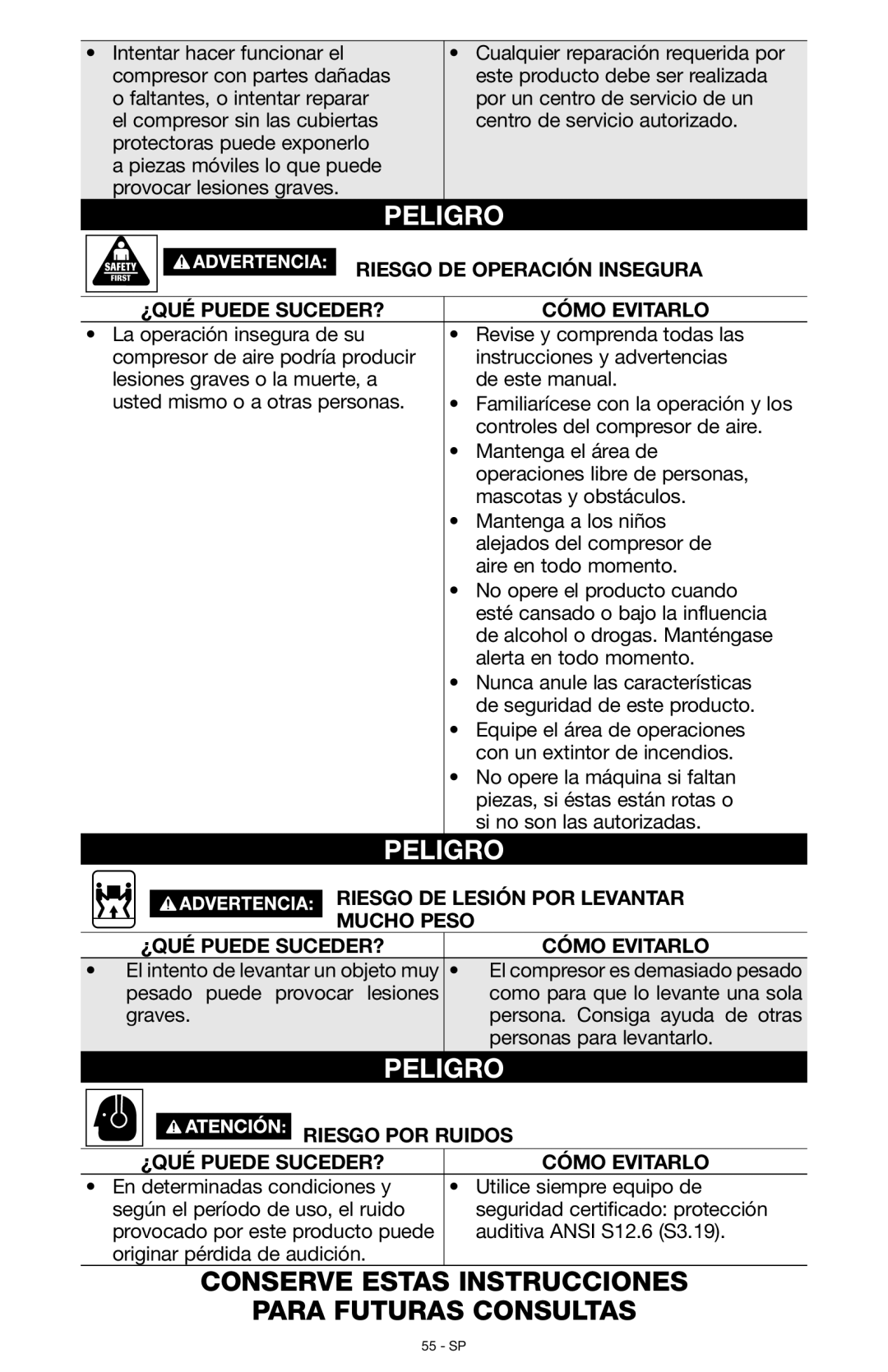 Porter-Cable C7501, N028591 Riesgo de operación insegura, Riesgo DE Lesión POR Levantar, Mucho Peso, Riesgo por ruidos 