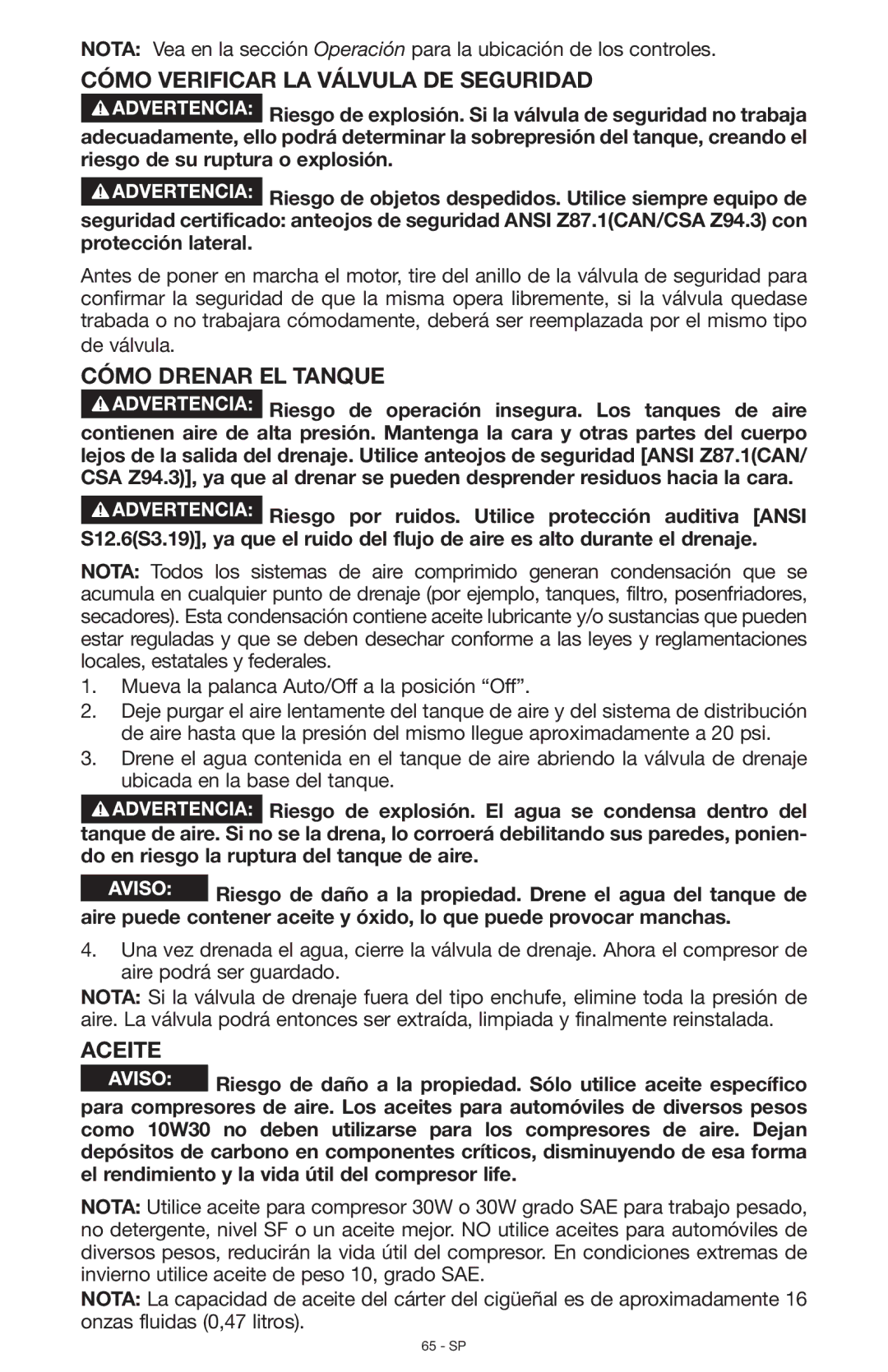 Porter-Cable C7501, N028591 instruction manual Cómo verificar la válvula de seguridad, Cómo drenar el tanque, Aceite 