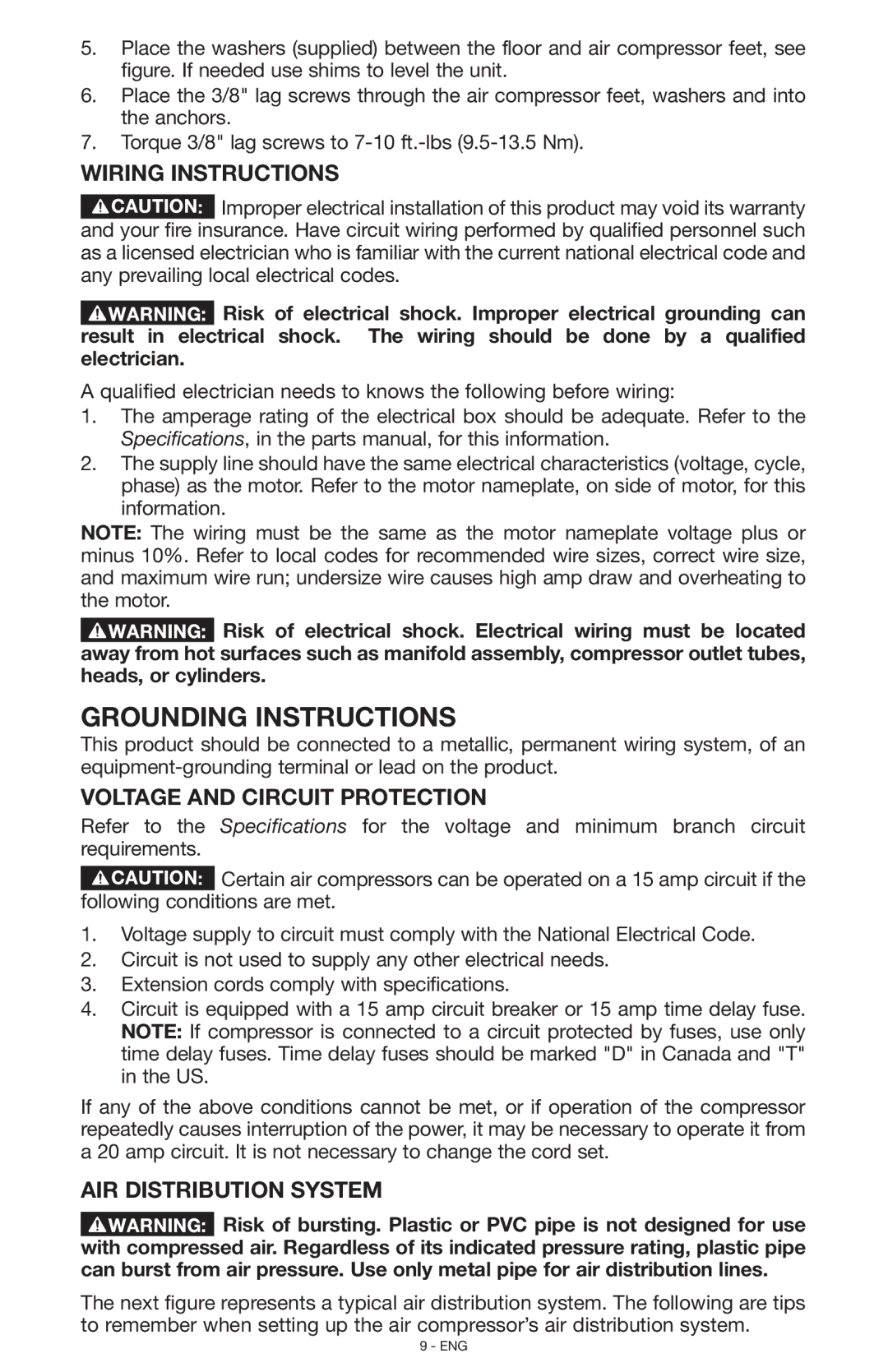 Porter-Cable C7501, N028591 instruction manual Wiring Instructions, Voltage and Circuit Protection, Air Distribution System 