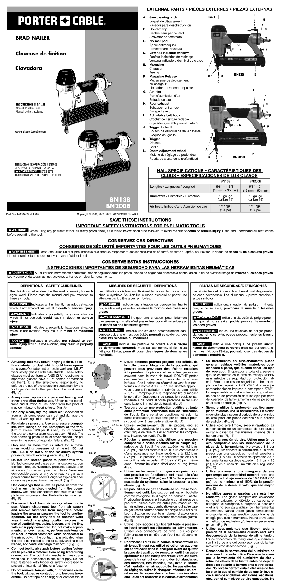 Porter-Cable BN200B instruction manual External parts pièces externes piezas externas, Definitions Safety Guidelines 