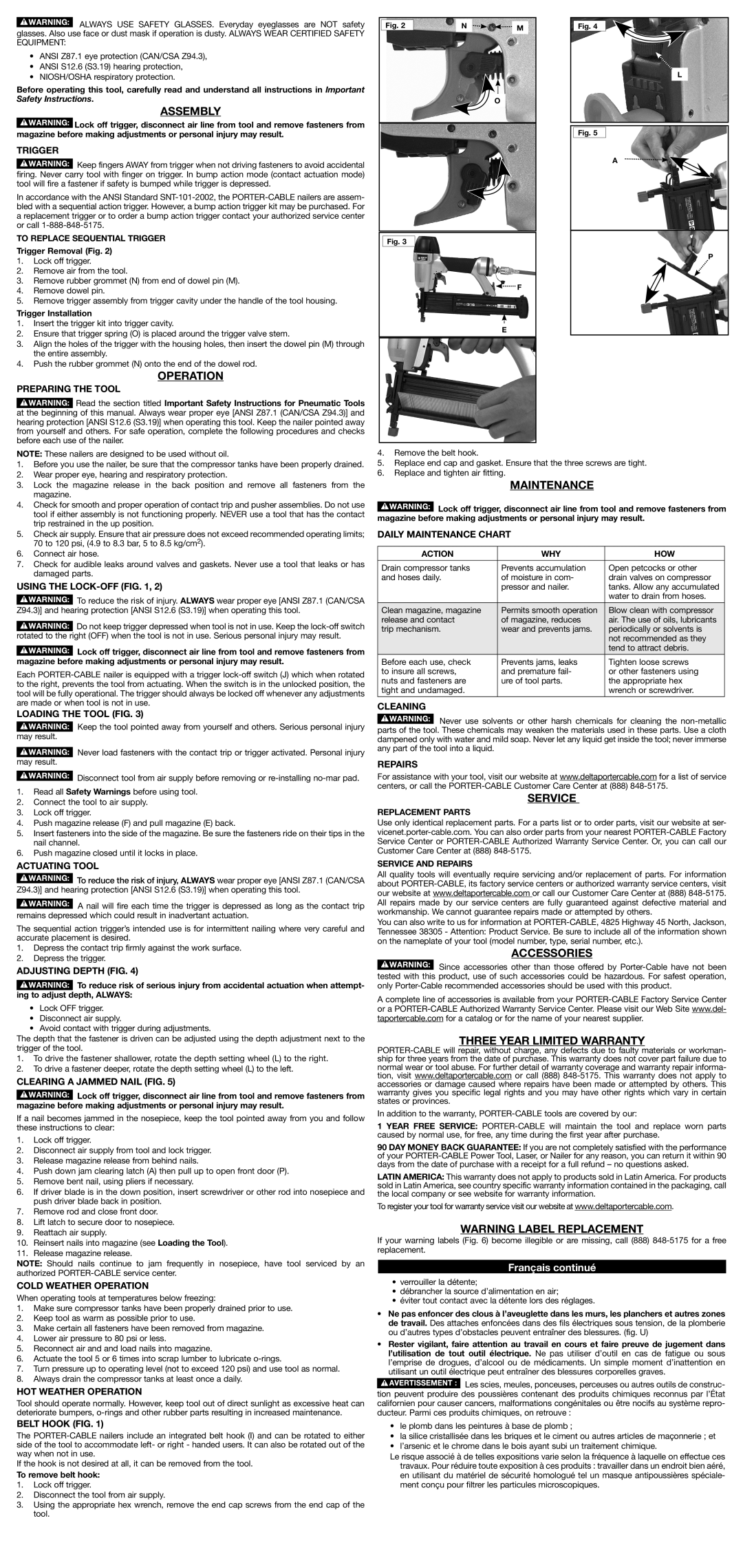 Porter-Cable BN200B, N030769 instruction manual Operation, Service, Accessories 