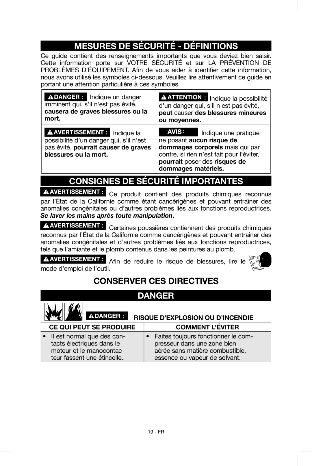 Porter-Cable C2004, N034163 Mesures DE Sécurité Définitions, Consignes DE Sécurité Importantes, Indique un danger 