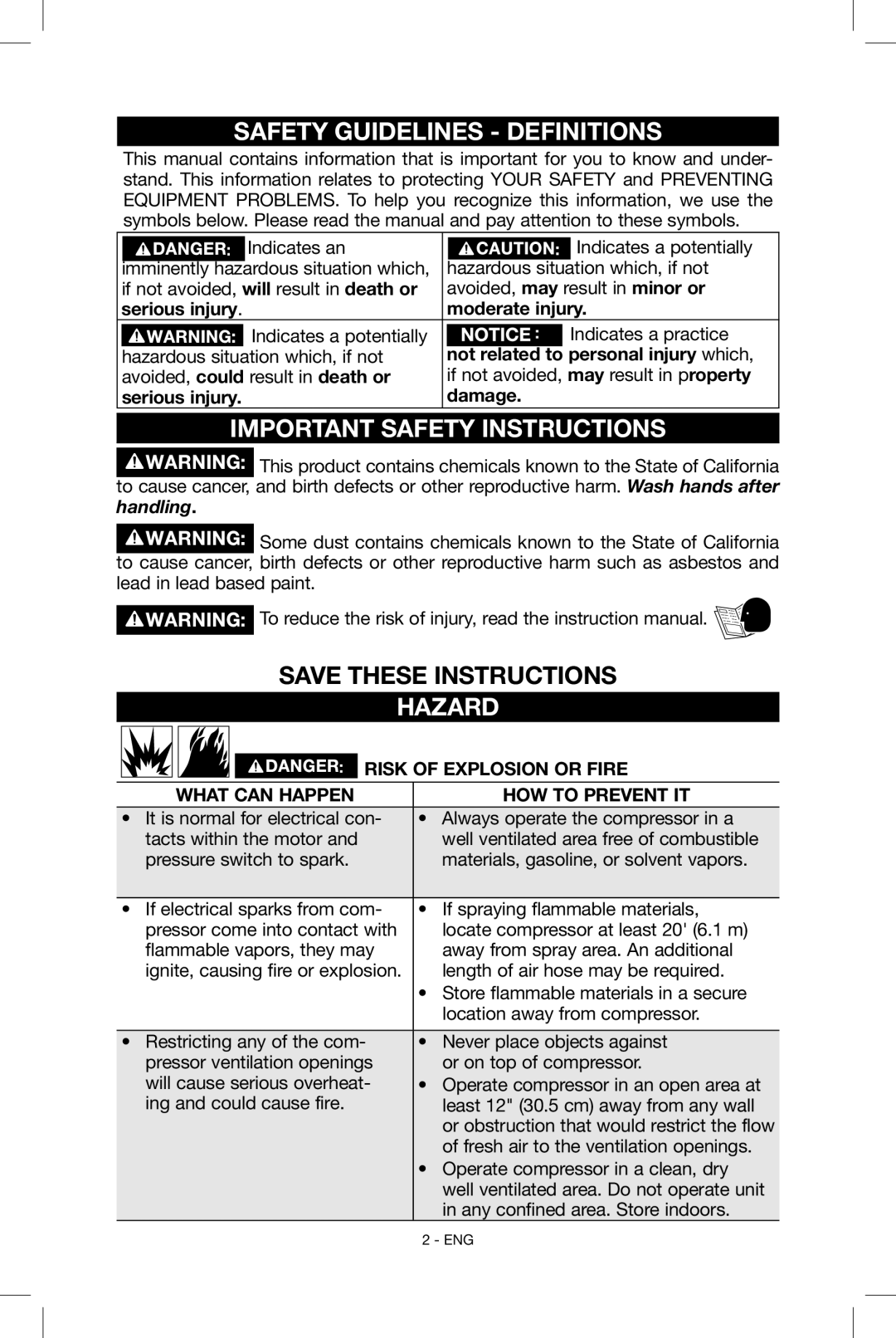 Porter-Cable N034163, C2004 instruction manual Safety Guidelines Definitions, Important Safety Instructions, Hazard 