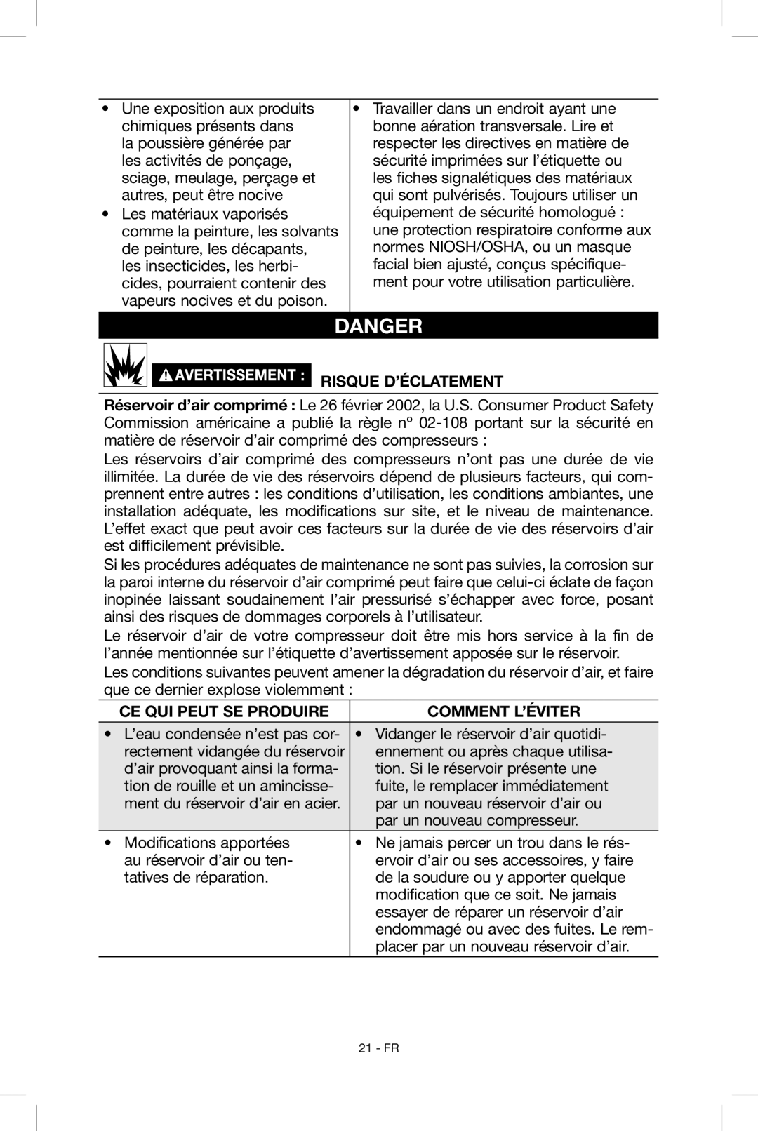 Porter-Cable C2004, N034163 instruction manual Risque d’Éclatement, Placer par un nouveau réservoir d’air 