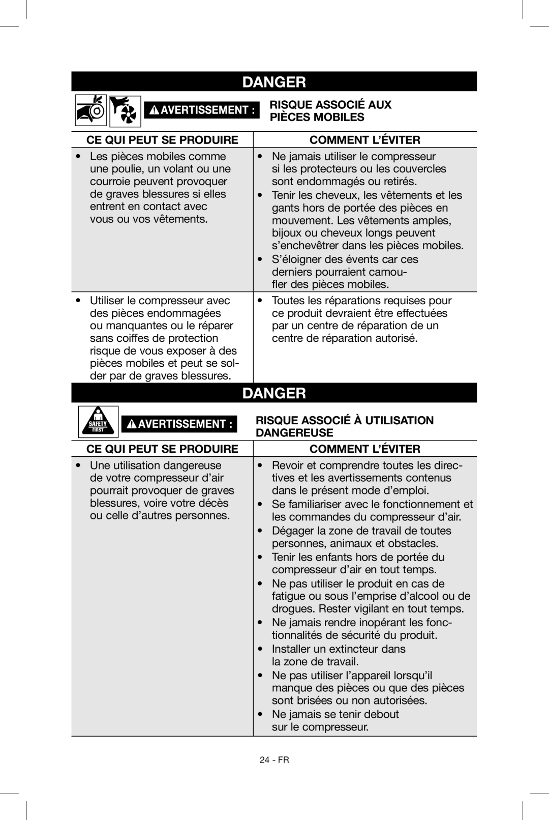 Porter-Cable N034163, C2004 instruction manual Risque associÉ aux, PiÈces mobiles, Risque associÉ À utilisation 