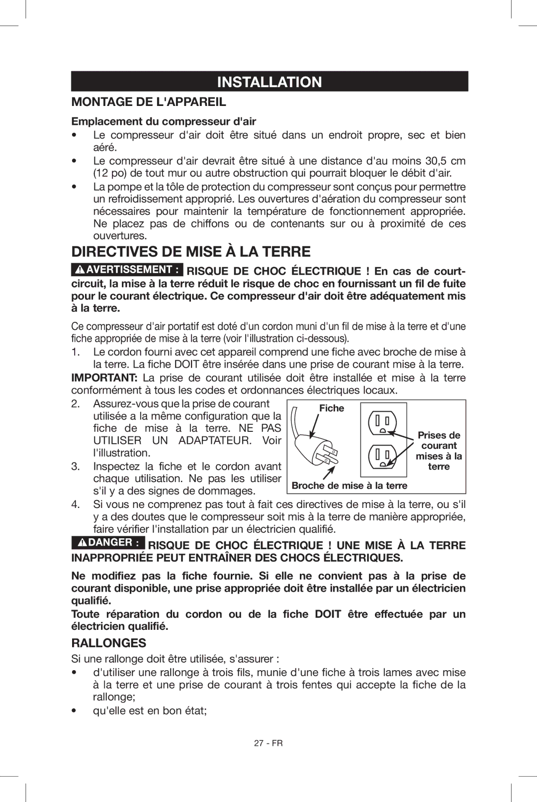 Porter-Cable C2004, N034163 instruction manual Montage DE Lappareil, Rallonges, Emplacement du compresseur dair 