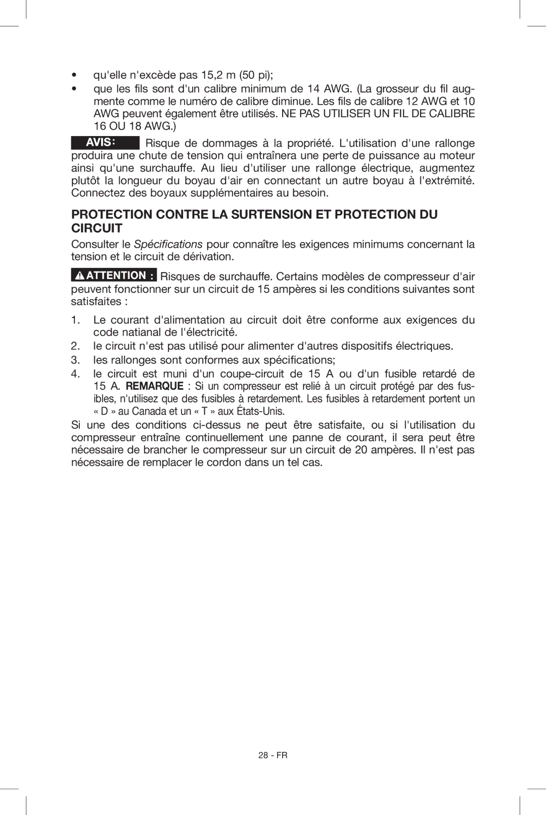 Porter-Cable N034163, C2004 instruction manual Protection contre la surtension et protection du circuit 