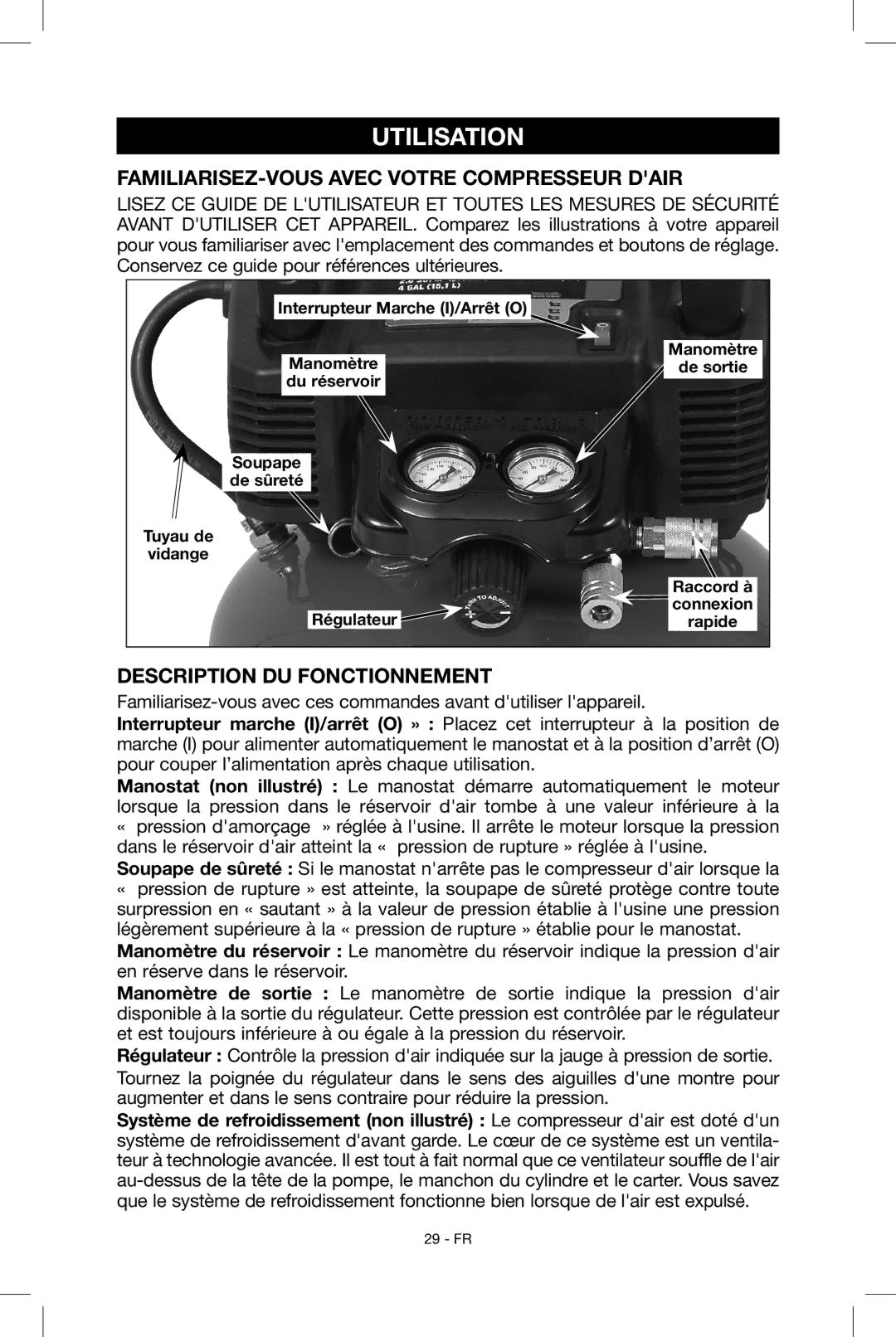 Porter-Cable C2004, N034163 Utilisation, Familiarisez-vous avec votre compresseur dair, Description du fonctionnement 