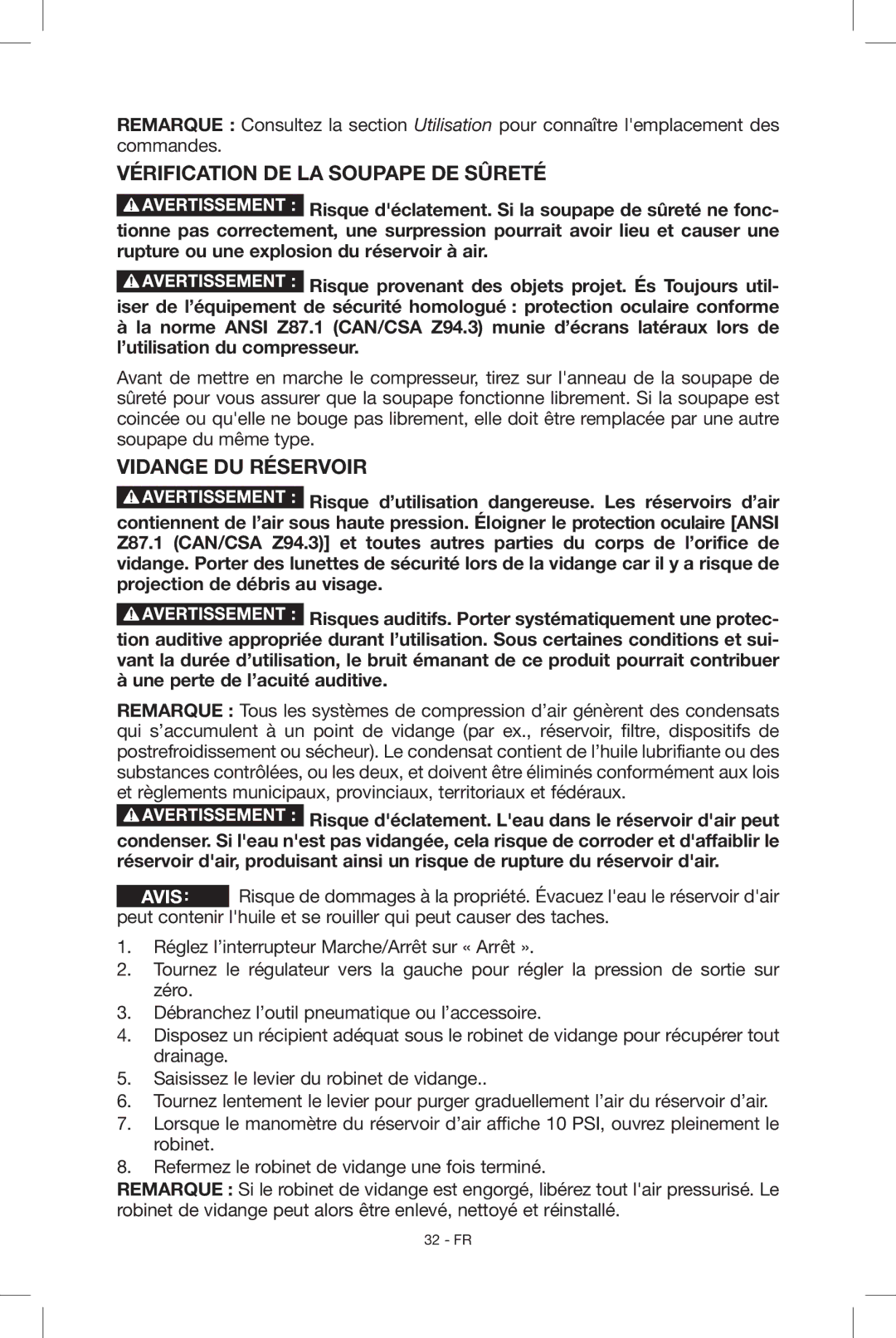 Porter-Cable N034163, C2004 instruction manual Vérification de la soupape de sûreté, Vidange du réservoir 