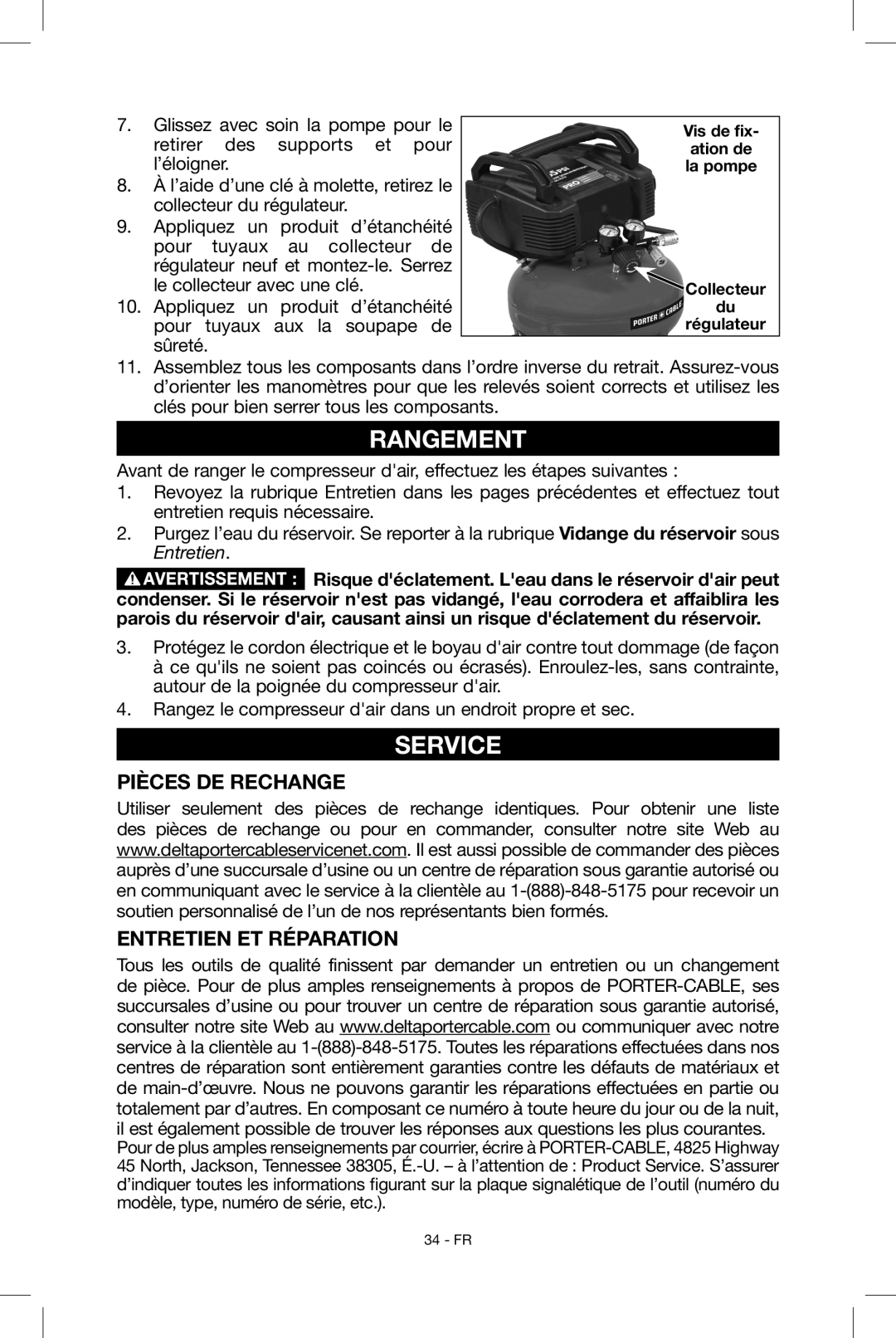 Porter-Cable N034163, C2004 instruction manual Rangement, Service, Pièces DE Rechange Entretien ET Réparation 