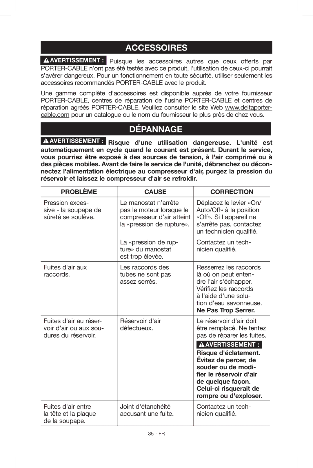 Porter-Cable C2004, N034163 instruction manual Accessoires, Dépannage 