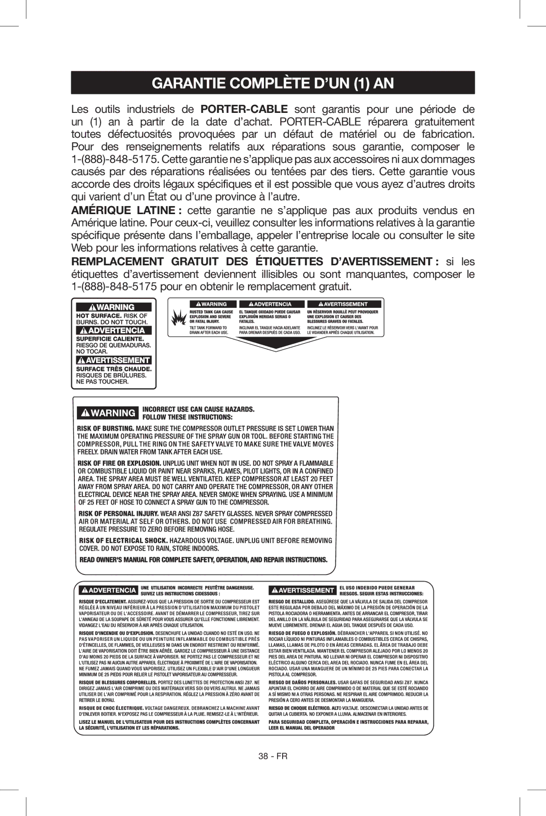 Porter-Cable N034163, C2004 instruction manual Garantie complète d’un 1 an 