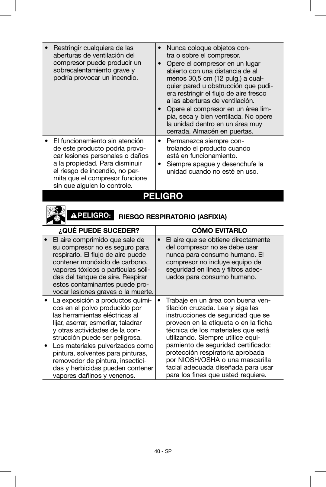 Porter-Cable N034163, C2004 instruction manual Riesgo Respiratorio asfixia 