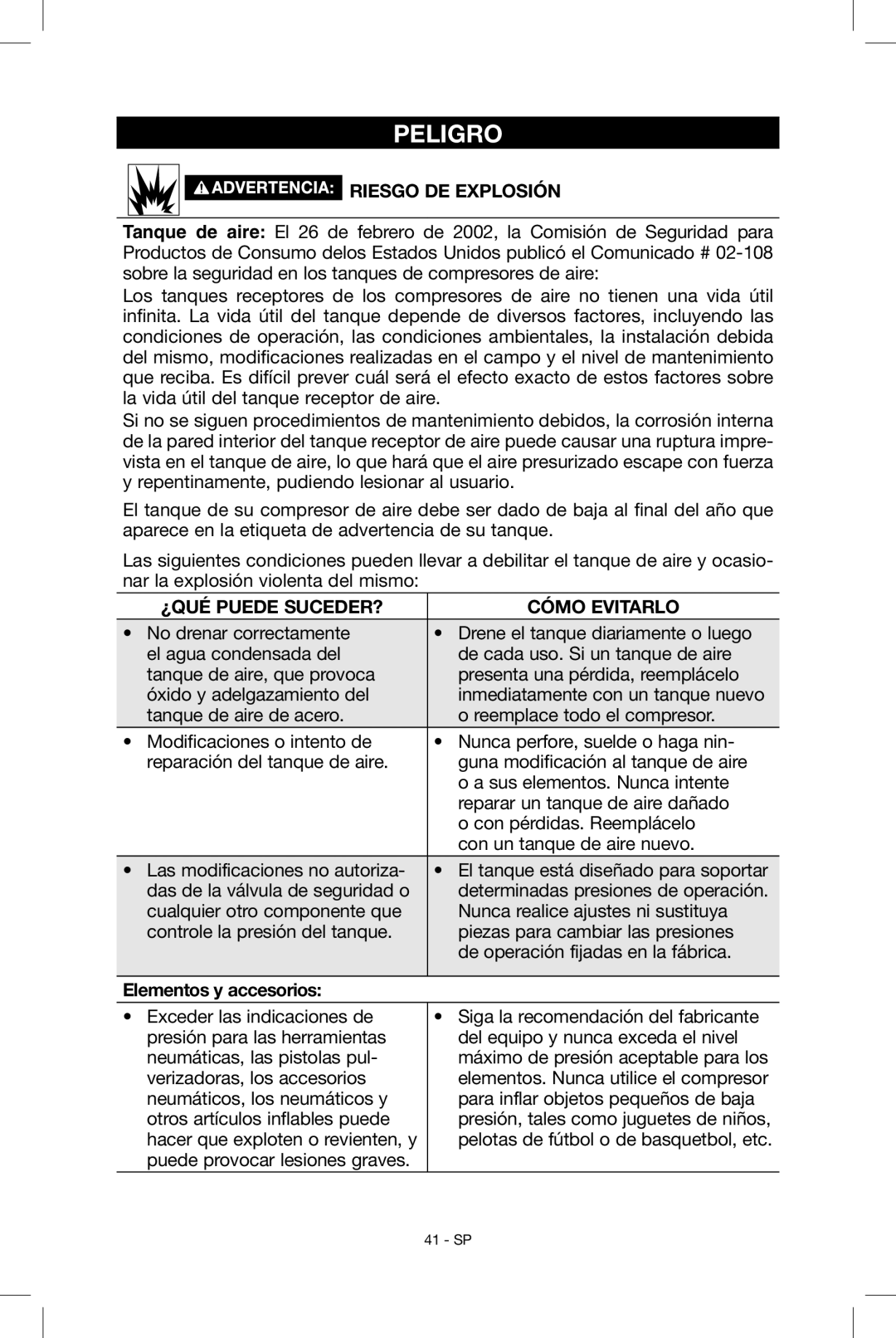 Porter-Cable C2004, N034163 instruction manual Riesgo de explosión, Elementos y accesorios 