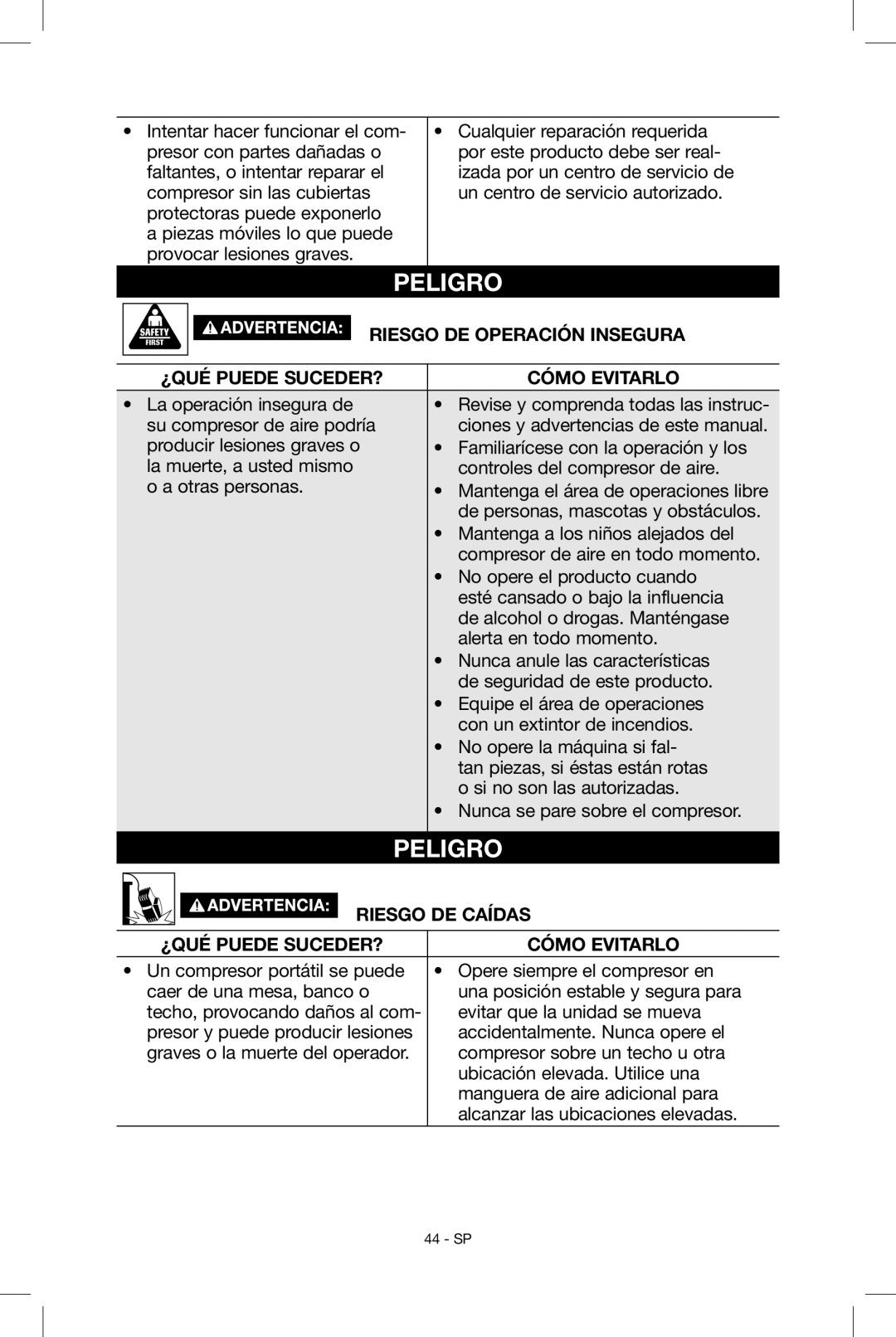 Porter-Cable N034163, C2004 instruction manual Riesgo de operación insegura, Riesgo DE Caídas 