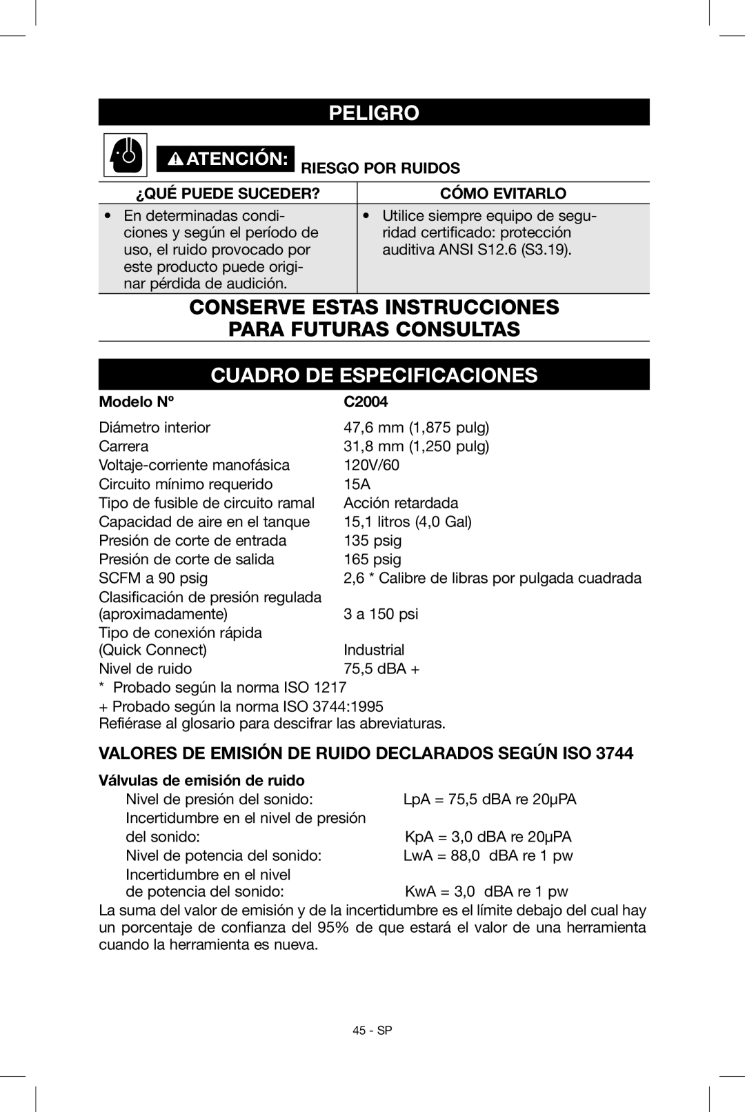 Porter-Cable C2004 Cuadro DE Especificaciones, Valores de emisión de ruido declarados según ISO, Riesgo por ruidos 