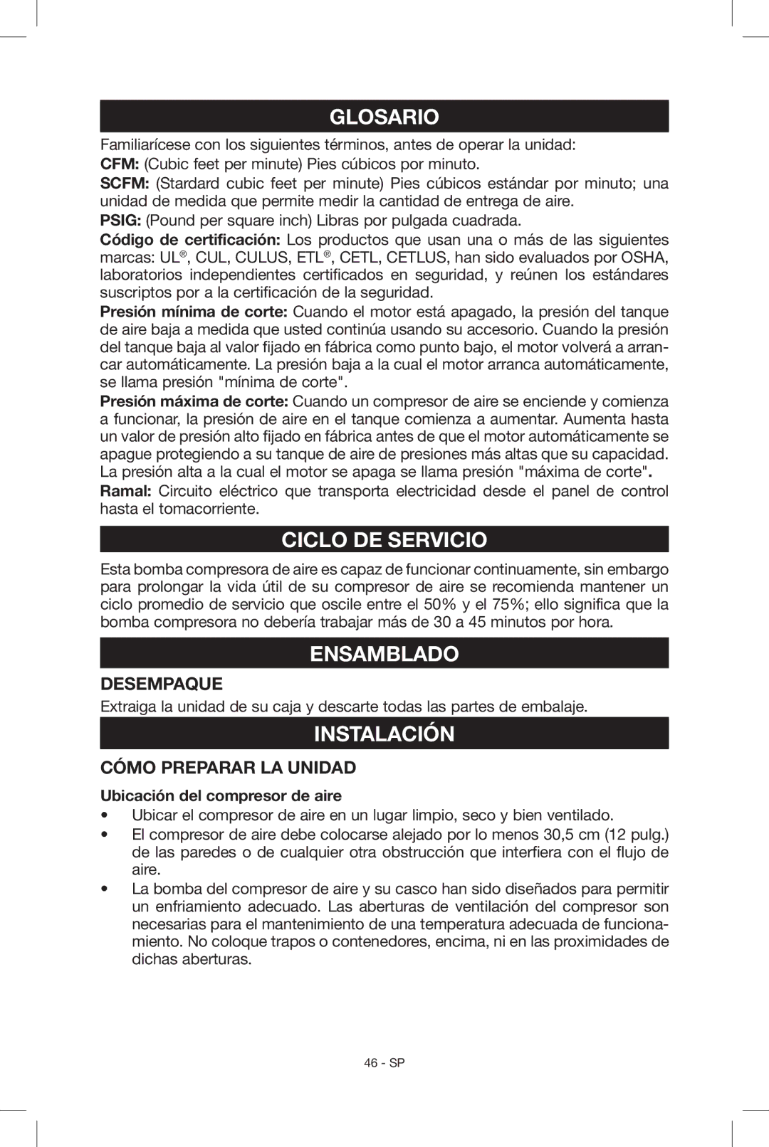 Porter-Cable N034163, C2004 instruction manual Glosario, Ciclo DE Servicio, Ensamblado, Instalación, Cómo Preparar LA Unidad 