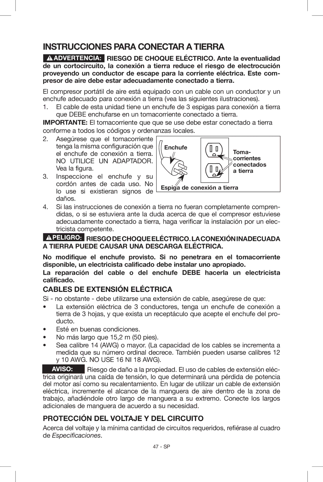 Porter-Cable C2004, N034163 instruction manual Cables de extensión eléctrica, Protección del voltaje y del circuito 