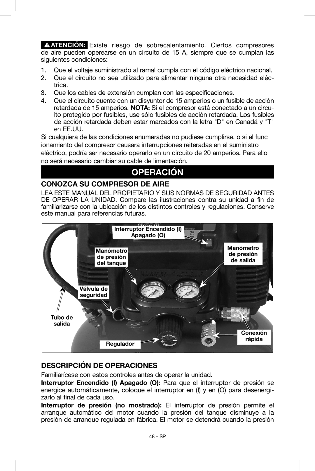 Porter-Cable N034163, C2004 instruction manual Operación, Conozca su compresor de aire, Descripción de operaciones 